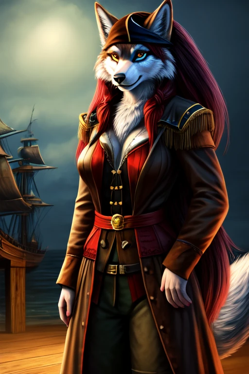 Female, anthro wolf, full breast, standing, perfect, realistic looking, fur body, fur all over, bioluminescent markings, very long hair, Pirate, fully clothed,