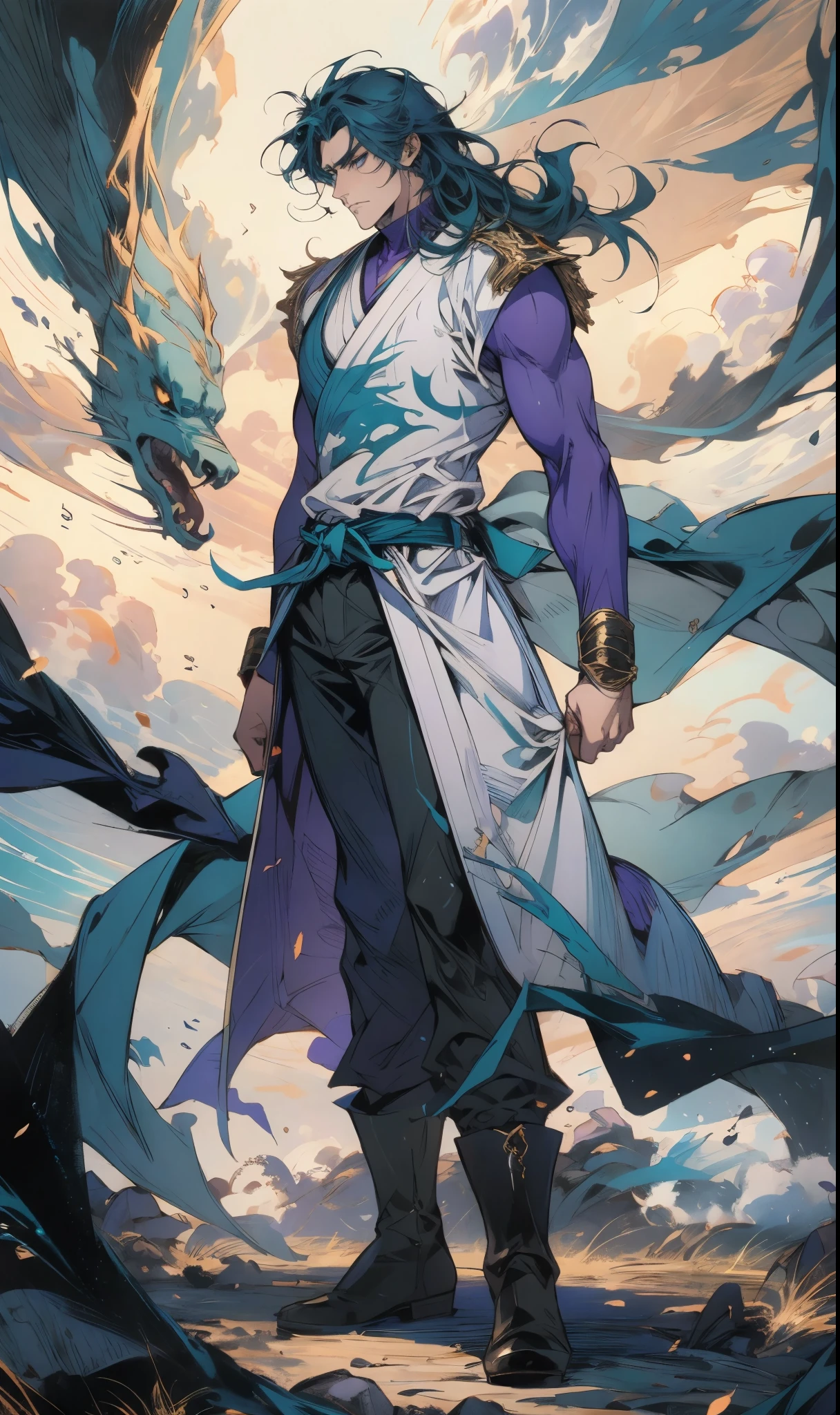 A man with medium-length teal blue long hair, middle part bangs, determined gaze, well-defined facial features, calm expression, sturdy physique, a fantasy-style white long coat with purple-blue patterns, asymmetrical hem, a black belt, gloves, fabric trousers, leather boots, blue and red energy swirling around him, impacting the grassland with their diffused aura, this character embodies a finely crafted fantasy martial arts-style hero in anime style, exquisite and mature manga art style, high definition, best quality, highres, ultra-detailed, ultra-fine painting, extremely delicate, professional, perfect body proportions, golden ratio, anatomically correct, symmetrical face, extremely detailed eyes and face, high quality eyes, creativity, RAW photo, UHD, 32k, Natural light, cinematic lighting, masterpiece-anatomy-perfect, masterpiece:1.5