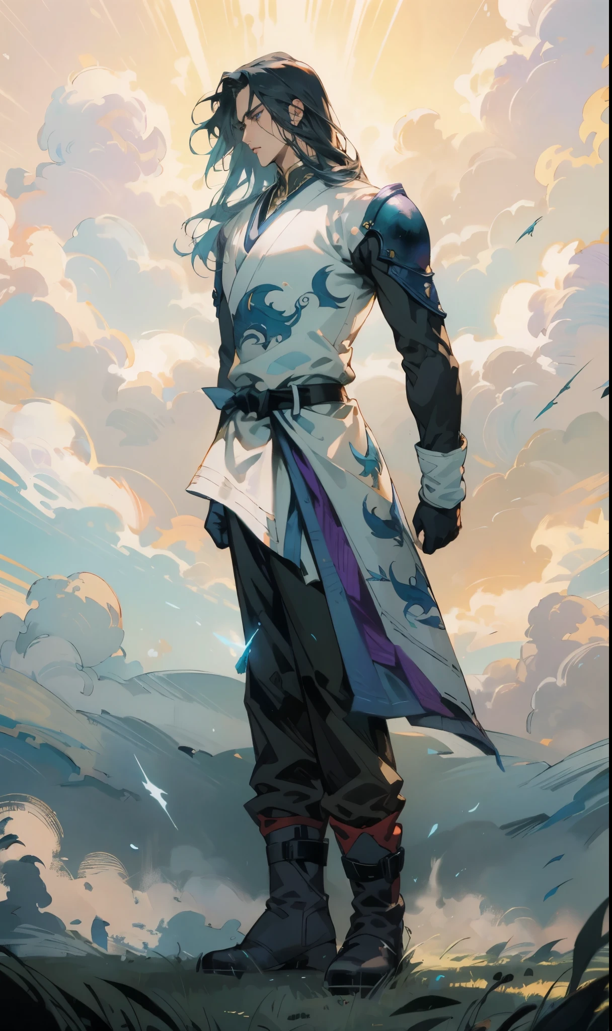 A man with medium-length teal blue long hair, middle part bangs, determined gaze, well-defined facial features, calm expression, sturdy physique, a fantasy-style white long coat with purple-blue patterns, asymmetrical hem, a black belt, gloves, fabric trousers, leather boots, blue and red energy swirling around him, impacting the grassland with their diffused aura, this character embodies a finely crafted fantasy martial arts-style hero in anime style, exquisite and mature manga art style, high definition, best quality, highres, ultra-detailed, ultra-fine painting, extremely delicate, professional, perfect body proportions, golden ratio, anatomically correct, symmetrical face, extremely detailed eyes and face, high quality eyes, creativity, RAW photo, UHD, 32k, Natural light, cinematic lighting, masterpiece-anatomy-perfect, masterpiece:1.5