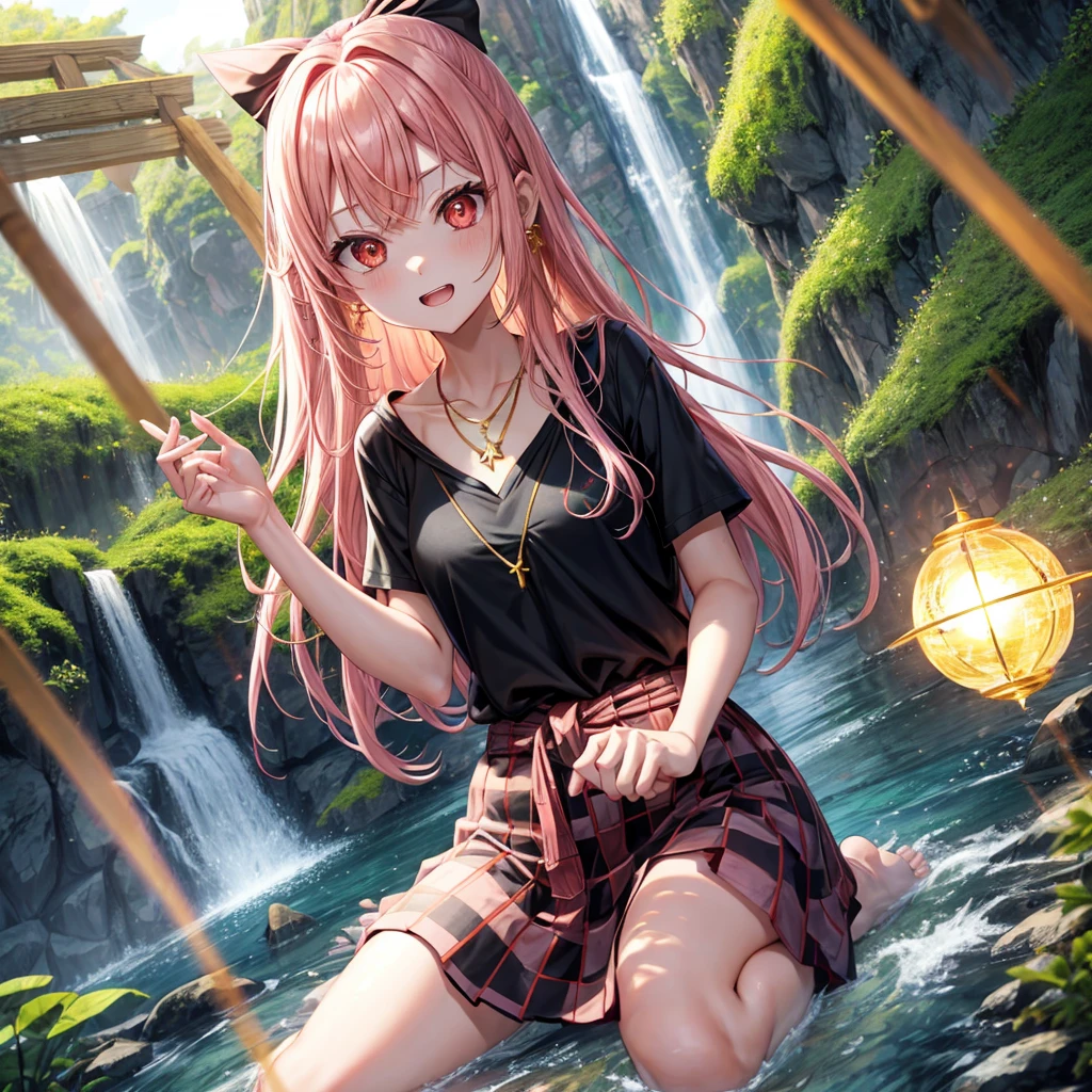 Pink gold golden hair、Red eyes、One good looking girl、solo、anime、Checkered mini skirt、Black camisole、Black T-shirt、hoodie、Wearing a ribbon、Ribbon on waist、Crystal Earrings、Gemstone Necklace、Light and shadow、Tilting face、Teeth are visible、waterfall、Torrent、tunnel、pylon、Sunset sky、Towering、frilled lizard、light、flash、Barrel、Wife、loose、moss、isolated island、Hell's Gate、Blue flame、Sitting on the throne