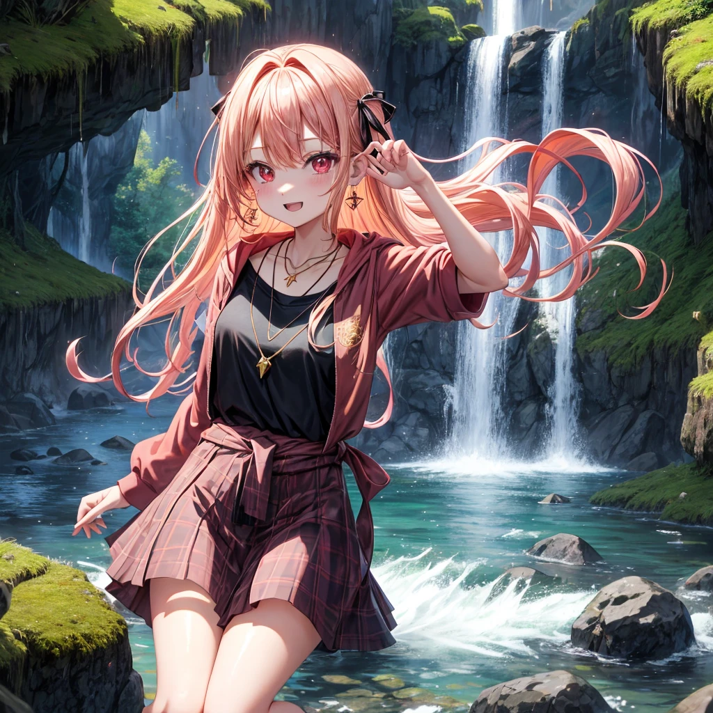 Pink gold golden hair、Red eyes、One good looking girl、solo、anime、Checkered mini skirt、Black camisole、Black T-shirt、hoodie、Wearing a ribbon、Ribbon on waist、Crystal Earrings、Gemstone Necklace、Light and shadow、Tilting face、Teeth are visible、waterfall、Torrent、tunnel、pylon、Sunset sky、Towering、frilled lizard、light、flash、Barrel、Wife、loose、moss、isolated island、Hell's Gate、Blue flame、Sitting on the throne