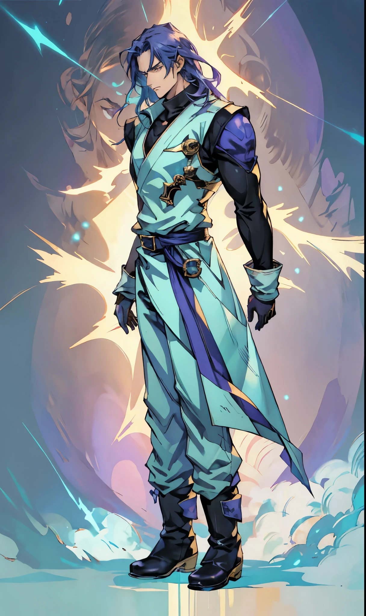 A man with medium-length teal blue long hair, middle part bangs, determined gaze, well-defined facial features, calm expression, sturdy physique, a fantasy-style white long coat with purple-blue patterns, asymmetrical hem, a black belt, gloves, fabric trousers, leather boots, blue and red energy swirling around him, impacting the grassland with their diffused aura, this character embodies a finely crafted fantasy martial arts-style hero in anime style, exquisite and mature manga art style, high definition, best quality, highres, ultra-detailed, ultra-fine painting, extremely delicate, professional, perfect body proportions, golden ratio, anatomically correct, symmetrical face, extremely detailed eyes and face, high quality eyes, creativity, RAW photo, UHD, 32k, Natural light, cinematic lighting, masterpiece-anatomy-perfect, masterpiece:1.5
