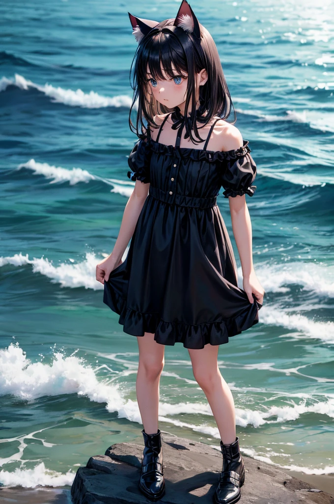, Cat ear , (dress:1.3) , (Small body:1.5) , Black Hair , Ocean , Looking into the distance ,