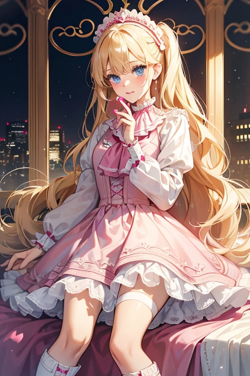 She has long blonde waist length hair styled in a hime-cut. blue eyes. She is generally seen wearing a white Victorian style frilled mini dress with long sleeves and fingerless gloves, a red checkered ascot tie with matching socks, and heeled white boots, as well as a ruby red jewel worn on her ascot tie. She also wears light makeup, such as pink lip gloss and light pink eyeshadow and a hint of pink blush. SPARKLE; GLITTER