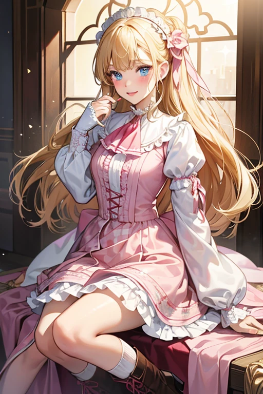 She has long blonde waist length hair styled in a hime-cut. blue eyes. She is generally seen wearing a white Victorian style frilled mini dress with long sleeves and fingerless gloves, a red checkered ascot tie with matching socks, and heeled white boots, as well as a ruby red jewel worn on her ascot tie. She also wears light makeup, such as pink lip gloss and light pink eyeshadow and a hint of pink blush. SPARKLE; GLITTER