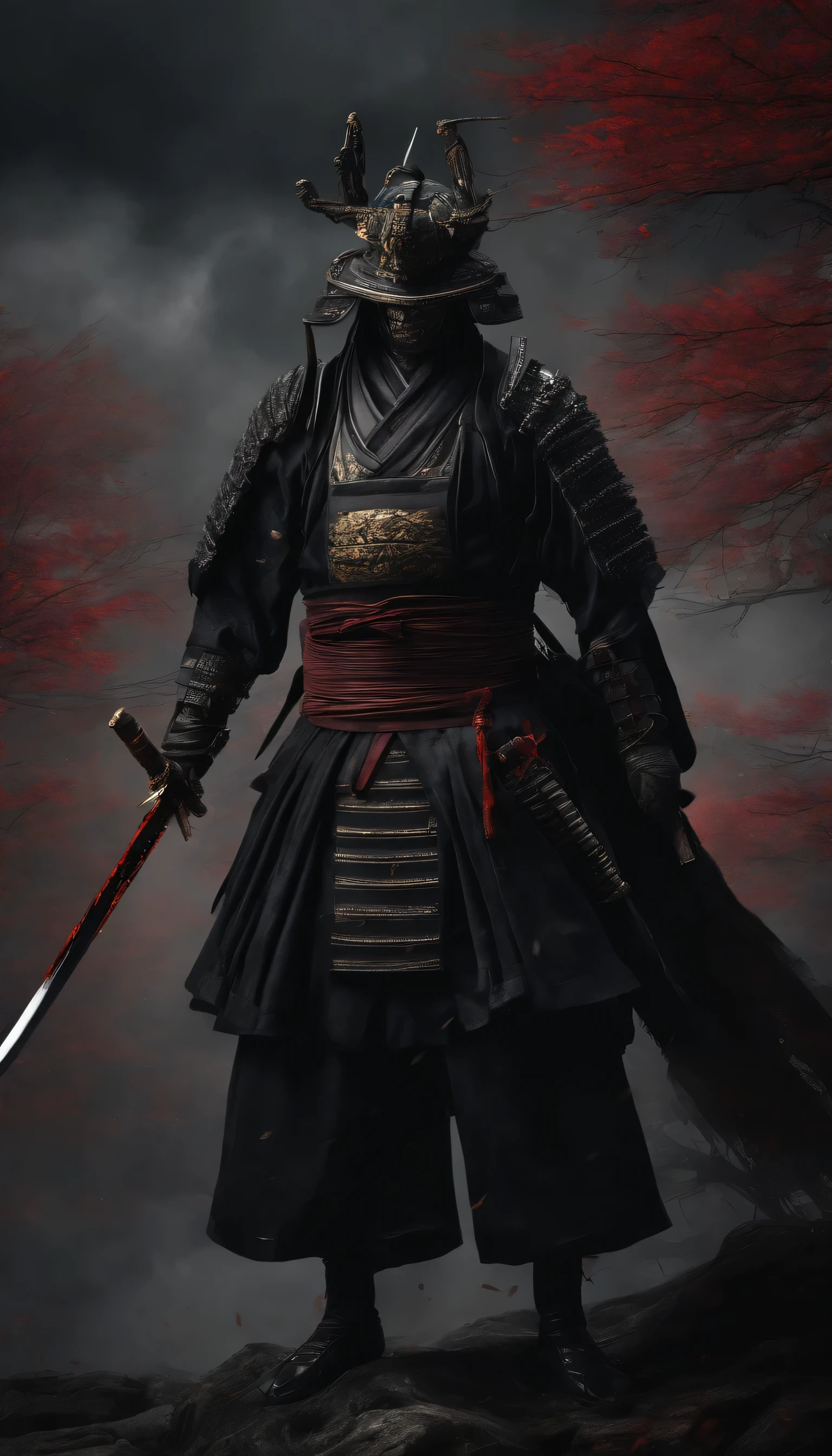 (melhor qualidade,4K,8k,A high resolution,obra de arte:1.2),ultra-detalhado,(realista,fotorrealista,fotorrealista:1.37),Japanese feudal samurai from the Warring States period, Vestindo uma armadura completa de samurai, Wearing a black samurai mask, Empunhando uma katana afiada, Exudes a strong sense of intimidation, olhos vermelhos brilhantes, Entregando o Samurai