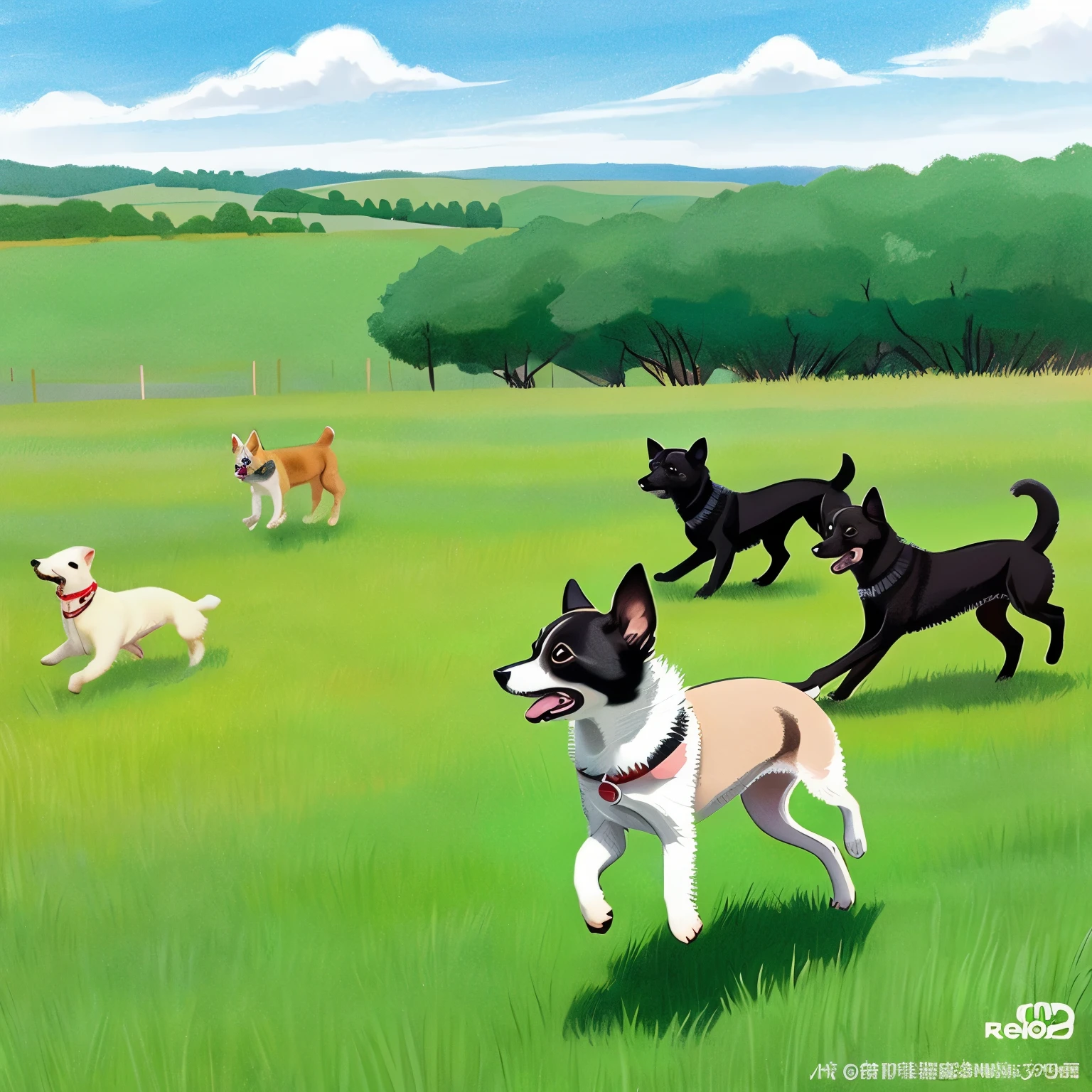 A rainbow connects from the white door at the back left to the sunny grassland.、There are a few dogs running around、Please draw an illustration of one of the dogs being a black Chihuahua.