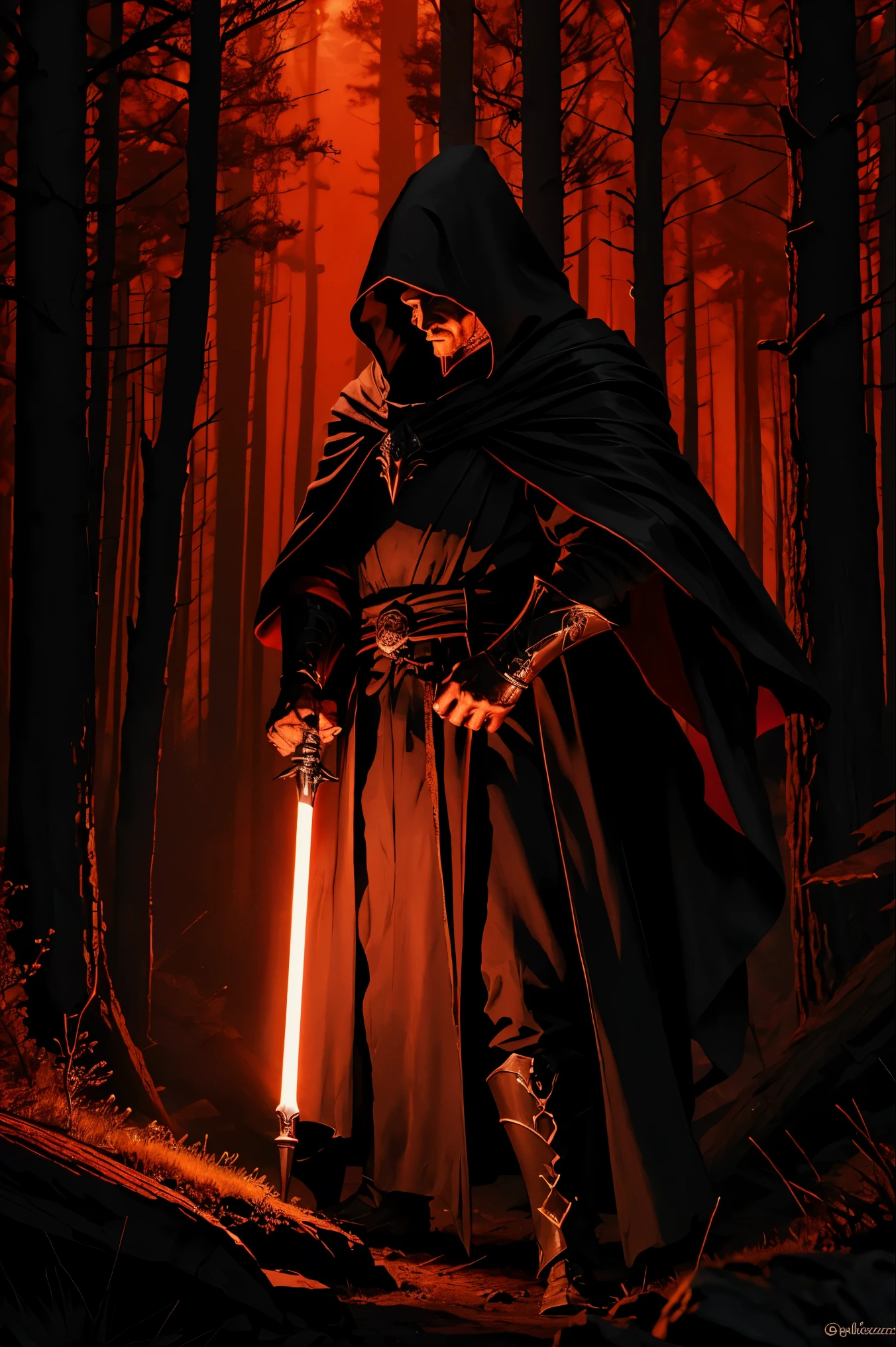 "(mejor calidad,high resolution),caballero jedi masculino sexy,hermosos ojos detallados,light tan robe with long eyelashes, sosteniendo un sable de luz rojo, retratos,fondo de guerra de las galaxias,vivid colors,studio lighting", a man in a cloak sosteniendo un sable de luz rojo, in a dark black and rojo forest, Hold a lightsaber in the forest, sable laser resplandeciente (rojo),dark fantasy style art, dark fantasy artwork, 8K fantasy art, dark fantasy style, 4K fantasy art, HD epic fantasy art style, dark fantasy art, dark fantasy concept art, Epic fantasy in digital art style., in style of dark fantasy art, sable resplandeciente in hand