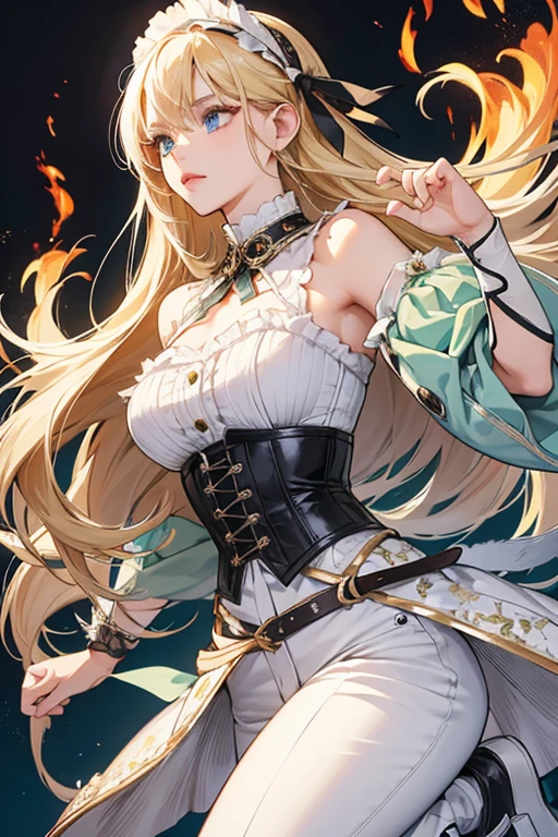 She has long blonde waist length hair styled in a hime-cut.  blue eyes. Lili's first outfit is comprised of a gray-green corset laced up at the sides and back with white feathers at the neckline, silver jeans with white floral and flame designs, a loose white belt, and large white sneakers with green soles. She wears black hand-wraps with gold studs on the knuckles and white feathers at the cuffs and a matching black armband with a silver buckle. This costume is influenced by the "Lolita" fashion style.

This outfit is also seen during the middle of her Tekken 5: Dark Resurrection prologue, after she received an invite from the Mishima Zaibatsu.