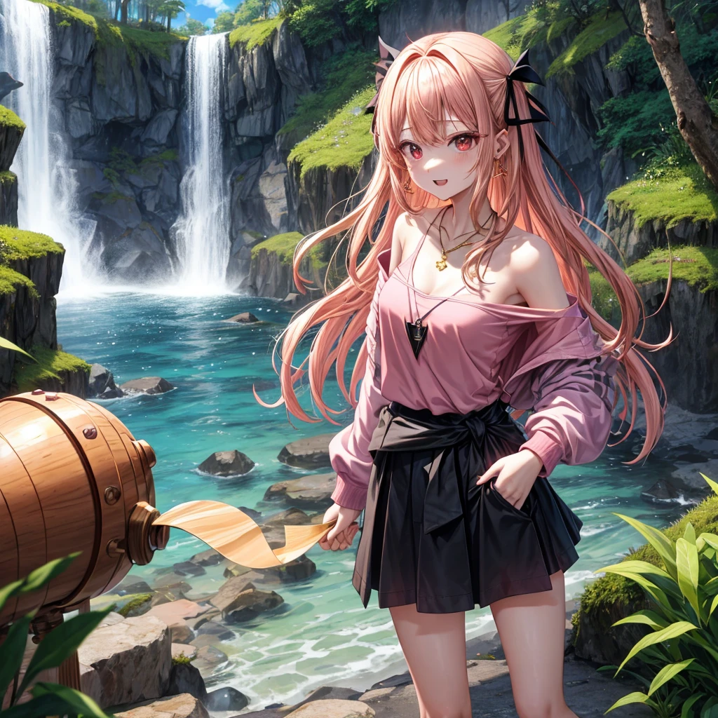 Pink gold golden hair、Red eyes、One good looking girl、solo、anime、Checkered mini skirt、Black camisole、Black T-shirt、hoodie、Wearing a ribbon、Ribbon on waist、Crystal Earrings、Gemstone Necklace、Light and shadow、Tilting face、Teeth are visible、waterfall、Torrent、tunnel、pylon、Sunset sky、Towering、frilled lizard、light、flash、Barrel、Wife、loose、moss、isolated island、Hell's Gate、Blue flame、Sitting on the throne