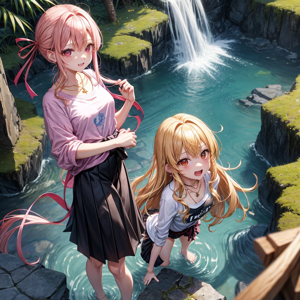Pink gold golden hair、Red eyes、One good looking girl、solo、anime、Checkered mini skirt、Black camisole、Black T-shirt、hoodie、Wearing a ribbon、Ribbon on waist、Crystal Earrings、Gemstone Necklace、Light and shadow、Tilting face、Teeth are visible、waterfall、Torrent、tunnel、pylon、Sunset sky、Towering、frilled lizard、light、flash、Barrel、Wife、loose、moss、isolated island、Hell's Gate、Blue flame、Sitting on the throne