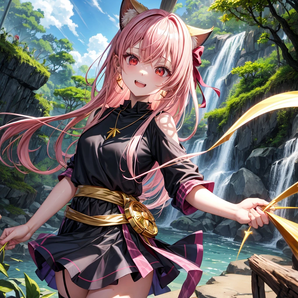 Pink gold golden hair、Red eyes、One good looking girl、solo、anime、Checkered mini skirt、Black camisole、Black T-shirt、hoodie、Wearing a ribbon、Ribbon on waist、Crystal Earrings、Gemstone Necklace、Light and shadow、Tilting face、Teeth are visible、waterfall、Torrent、tunnel、pylon、Sunset sky、Towering、frilled lizard、light、flash、Barrel、Wife、loose、moss、isolated island、Hell&#39;s Gate、Blue flame、Sitting on the throne