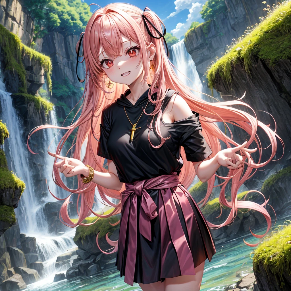 Pink gold golden hair、Red eyes、One good looking girl、solo、anime、Checkered mini skirt、Black camisole、Black T-shirt、hoodie、Wearing a ribbon、Ribbon on waist、Crystal Earrings、Gemstone Necklace、Light and shadow、Tilting face、Teeth are visible、waterfall、Torrent、tunnel、pylon、Sunset sky、Towering、frilled lizard、light、flash、Barrel、Wife、loose、moss、isolated island、Hell's Gate、Blue flame、Sitting on the throne