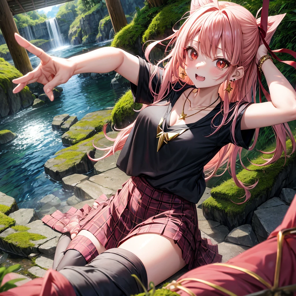 Pink gold golden hair、Red eyes、One good looking girl、solo、anime、Checkered mini skirt、Black camisole、Black T-shirt、hoodie、Wearing a ribbon、Ribbon on waist、Crystal Earrings、Gemstone Necklace、Light and shadow、Tilting face、Teeth are visible、waterfall、Torrent、tunnel、pylon、Sunset sky、Towering、frilled lizard、light、flash、Barrel、Wife、loose、moss、isolated island、Hell's Gate、Blue flame、Sitting on the throne