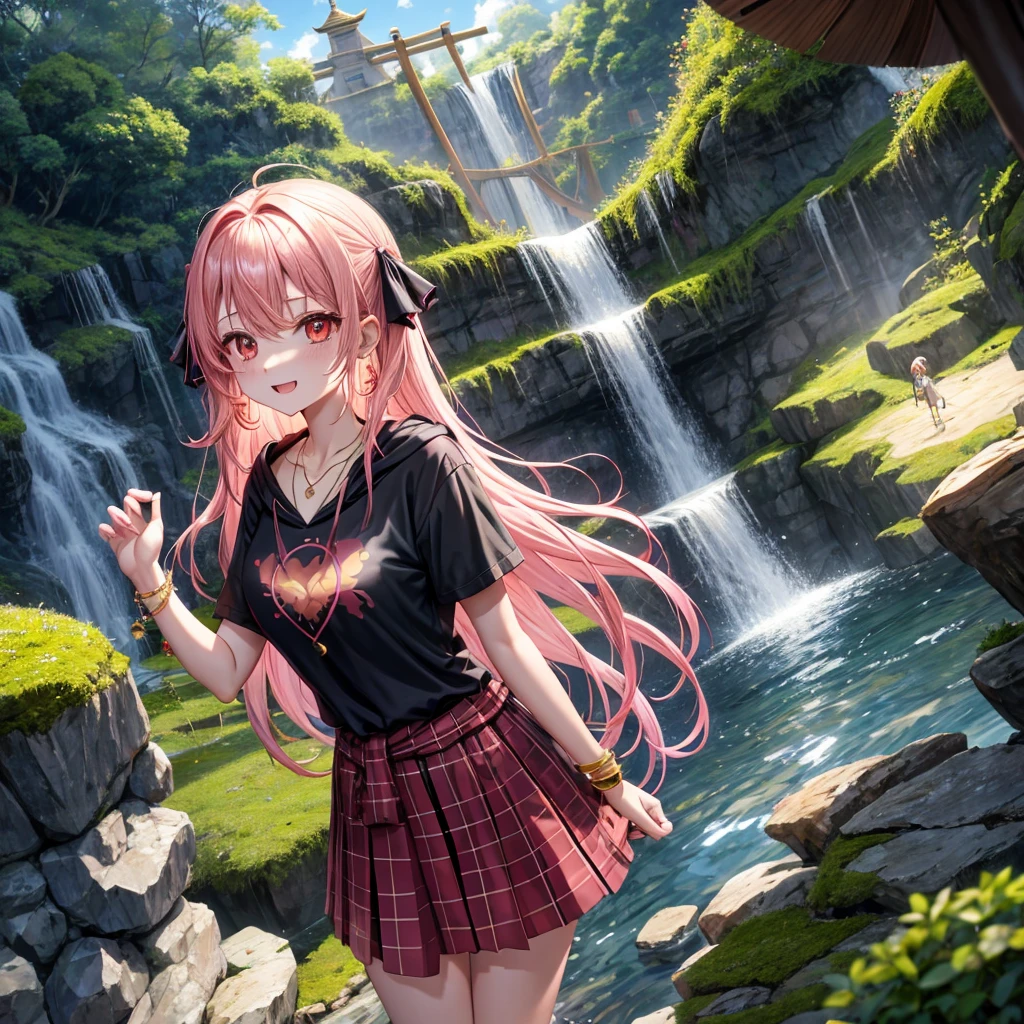 Pink gold golden hair、Red eyes、One good looking girl、solo、anime、Checkered mini skirt、Black camisole、Black T-shirt、hoodie、Wearing a ribbon、Ribbon on waist、Crystal Earrings、Gemstone Necklace、Light and shadow、Tilting face、Teeth are visible、waterfall、Torrent、tunnel、pylon、Sunset sky、Towering、frilled lizard、light、flash、Barrel、Wife、loose、moss、isolated island、Hell's Gate、Blue flame、Sitting on the throne