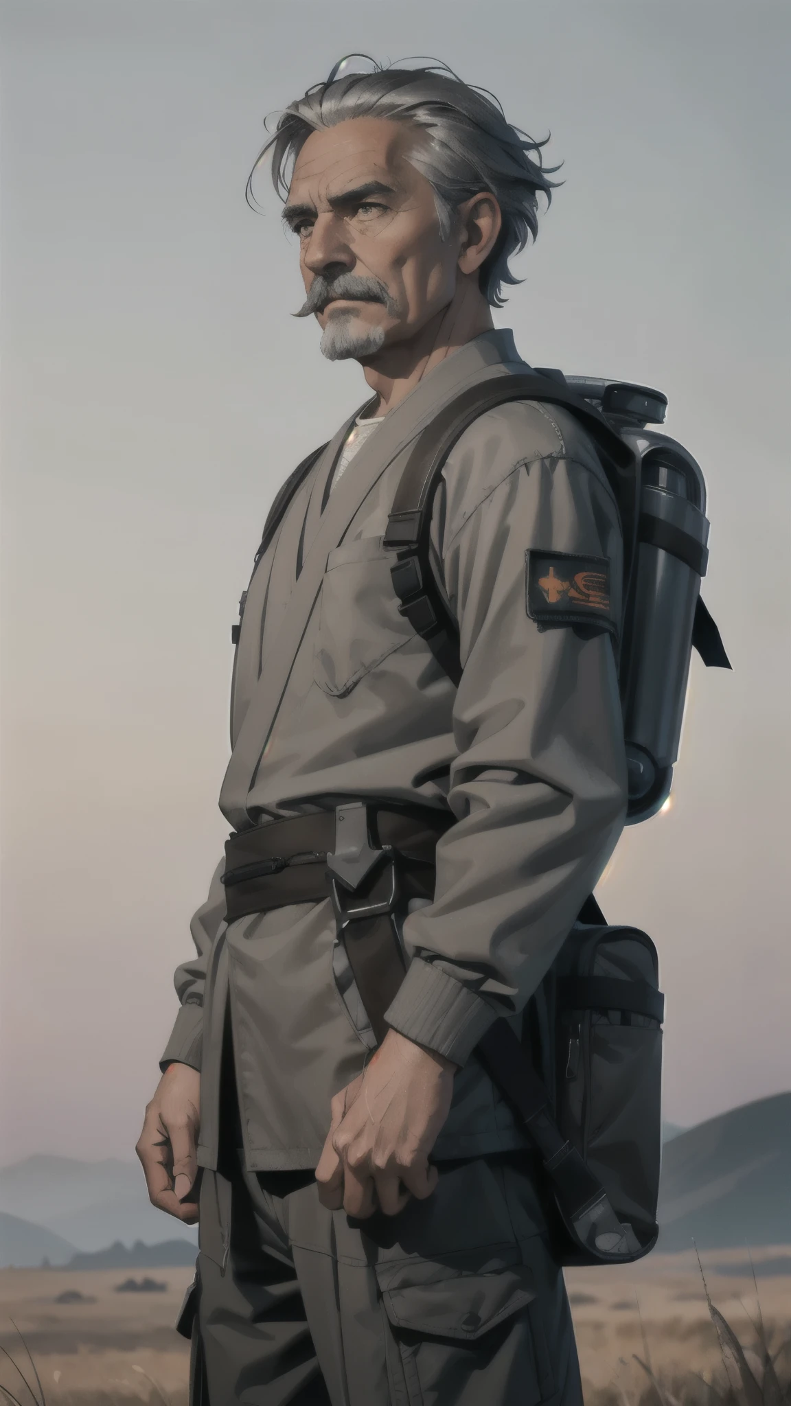 1 star wars doctor, old man, short gray hair, gray mustache, rugged clothes, rugged star wars backpack, detailed face, short hair, wind blowing hair, early morning, barren field, depth of field