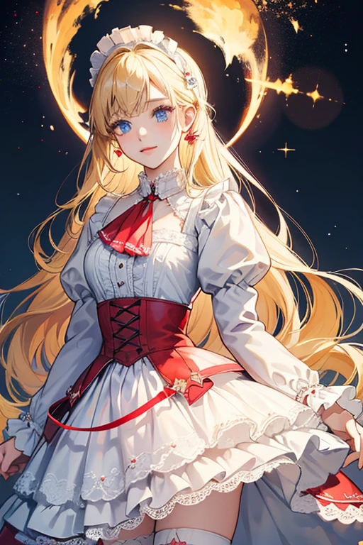 She has long blonde waist length hair styled in a hime-cut.  blue eyes. outfit is comprised of a white, long-sleeved, ruffled dress with lace trim at each tier of the skirt and two white buttons on the bodice, white knee-high boots with red socks, red-and-white fingerless gloves, and a red-and-black gingham ascot tie around her high, lace collar. Like her Player 1 outfit, it features a heavy "Lolita" theme. SPARKLE; GLITTER