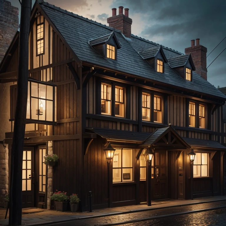 An old English pub in an old English house, in an old Englsih town,  in a narrow cobblestone street with dirt and water running, built 1795, house with bricks and wooden old bars in red, old windows with led glass and wooden window crosses, on old red-brown wooden door with some period 1795 decorations and in front, above the door is a wooden light-brown sign with the lettering “Lantern Pub”, before the housewall and the two windows, two old dark-red tables and dark-red sitting banks, in the first floor of the house with gable roof in English reed style there is hanging on a long iron stick a wooden, weathered sign on a black chain with a black lantern depicted in the middle on crème underground. Detailed high-quality rendering, overall photorealism realistic English house, authentic lighting, detailed and absolute accurate depiction of a Lantern sign and house, right and accurate spelling of “Lantern Pub”, street and town, dynamic scene, atmospheric lighting.