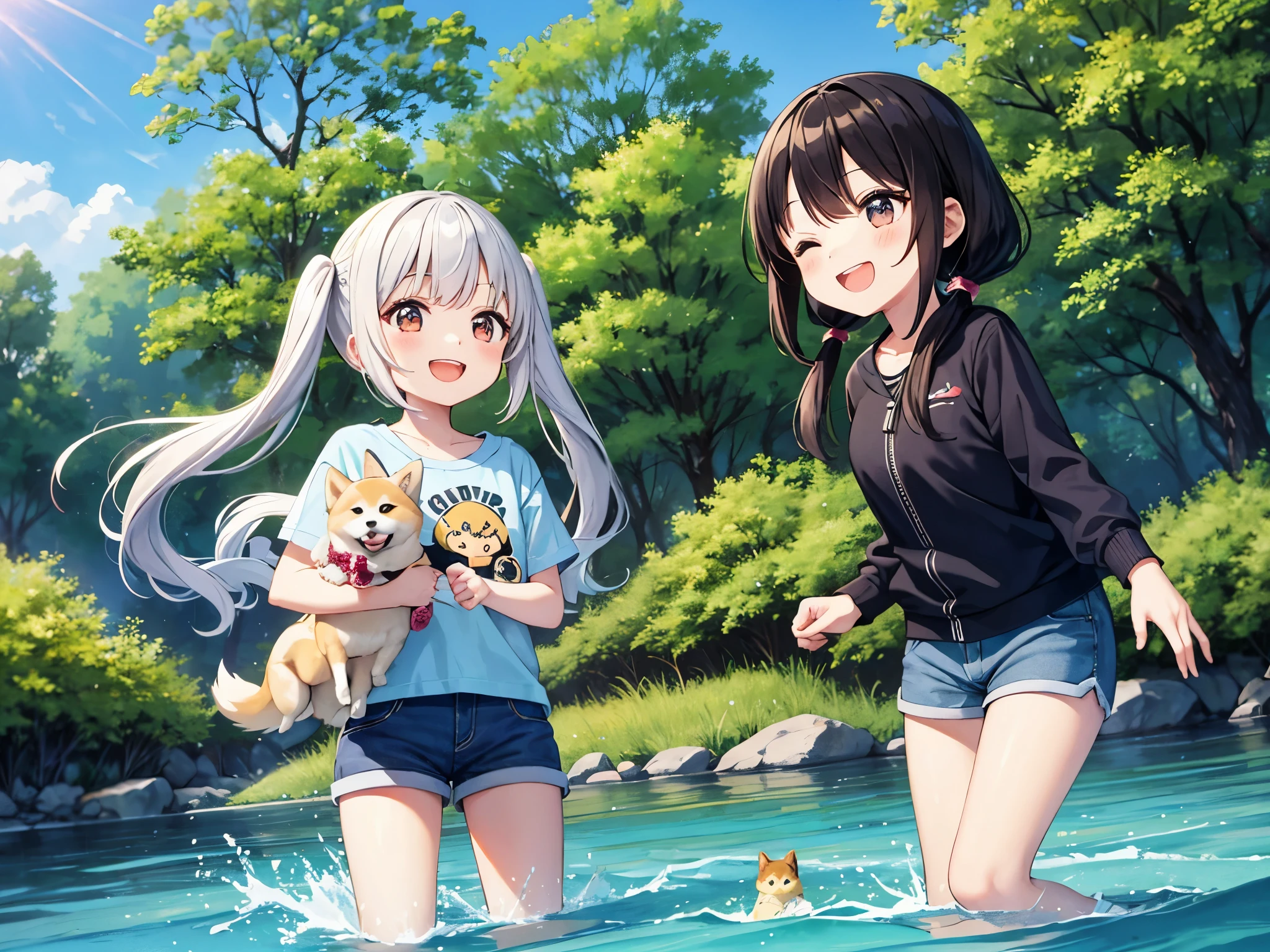 Light blue long hair、Beautiful girl with twin tails、Wearing shorts、A very happy smile、Bigger in the center、Playing in the river with a Shiba Inu、Fish are taking、The dog is happy too、Chibi Character、沢山のChibi Characterがいます、blue sky、Beautiful flowers are blooming on the riverbank