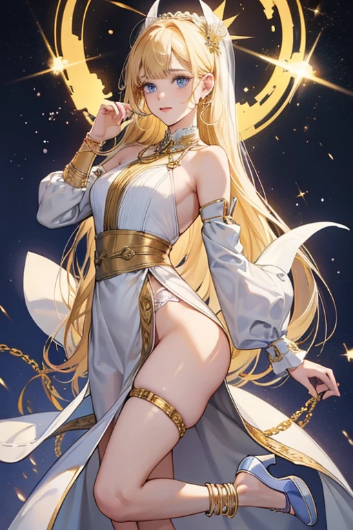 She has long blonde waist length hair styled in a hime-cut. blue eyes. It consists of a white, bustier jumpsuit with attached chaps of the same material which leave her lower back, inner thighs, and much of her chest uncovered. The jumpsuit has lacing along the front and back as well as down the outer sides of each leg. The left leg of the jumpsuit is fitted while the right leg is flared out at the end, and each leg has a small white belt with a golden buckle just above each knee matching the belt done loosely around Lili's waist. Her top is a detached collar with a single sleeve over the right arm, tied at the neck with a blue ribbon and with decorative black lace trim. In this outfit, Lili wears ankle-length open-toed heels with two gold rings along the top of the right shoe while only a single ring is visible on the left shoe. This outfit is accessorized with a floor-length veil, a large black bracelet on Lili's left arm with a hanging gold chain, and a blue and white anklet belted around Lili's left leg with another gold chain hanging from it. SPARKLE; GLITTER