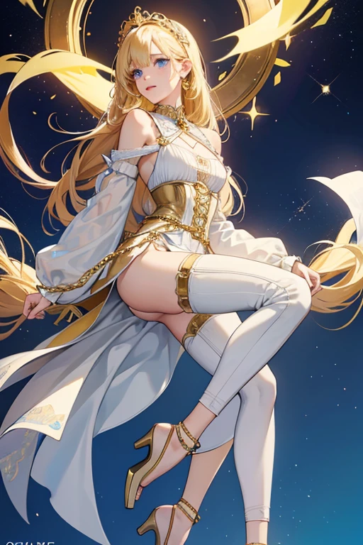 She has long blonde waist length hair styled in a hime-cut. blue eyes. It consists of a white, bustier jumpsuit with attached chaps of the same material which leave her lower back, inner thighs, and much of her chest uncovered. The jumpsuit has lacing along the front and back as well as down the outer sides of each leg. The left leg of the jumpsuit is fitted while the right leg is flared out at the end, and each leg has a small white belt with a golden buckle just above each knee matching the belt done loosely around Lili's waist. Her top is a detached collar with a single sleeve over the right arm, tied at the neck with a blue ribbon and with decorative black lace trim. In this outfit, Lili wears ankle-length open-toed heels with two gold rings along the top of the right shoe while only a single ring is visible on the left shoe. This outfit is accessorized with a floor-length veil, a large black bracelet on Lili's left arm with a hanging gold chain, and a blue and white anklet belted around Lili's left leg with another gold chain hanging from it. SPARKLE; GLITTER