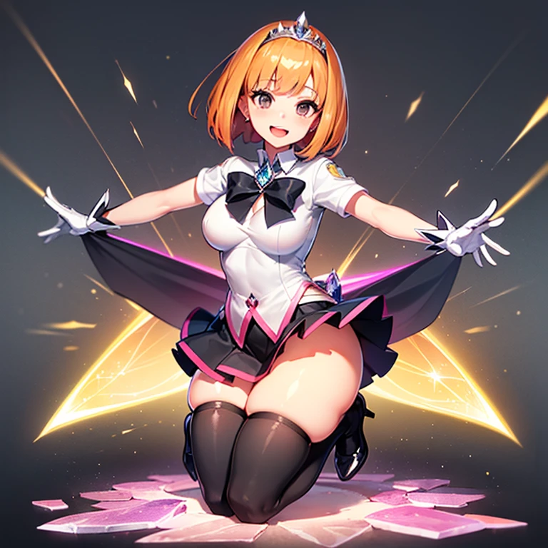 1 young woman, (((extremely cute and beautiful))), (((smile))), (((open mouth))),  (((fully exposed neckline))), (((medium breasts))), (((thick thighs))), (((white top))), short hair, (((bob cut))), (((orange hair))), ((full body)), shiny skin, (((jet black eyes))), (((magical girl style))), (((magical girl uniform))), (((gray mini skirt))), (((Long gray gloves))), ((magic rod))), (((hair tiara))), (((sparkling heart pink background))), (((crystal light effect))), (Magic Effect: 0.9)