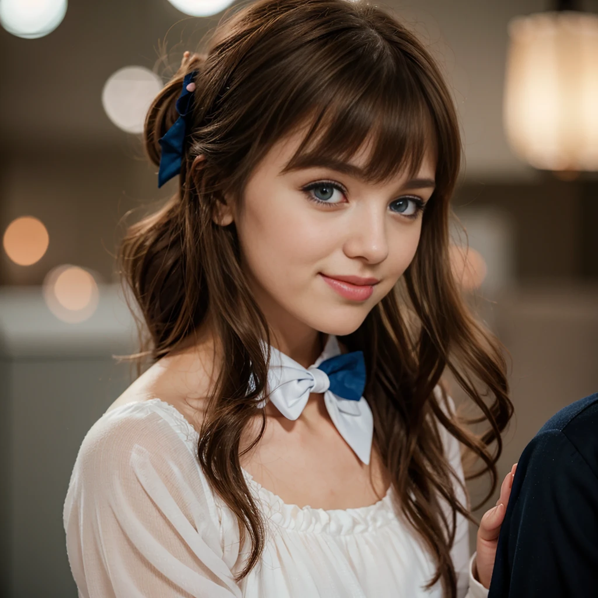 (extremely delicate and beautiful: 1.2), 1girl, bangs, blue eyes, blur, blur background, bow, brown hair, shut up, side view, hair between eyes, hair bow, lantern, light particles, long sleeves, look looking at audience, medium hair, night, red bow, solo, stars(symbol), upper body, smile, red lips