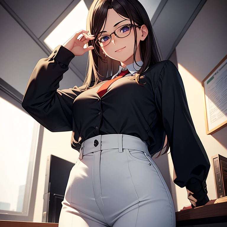 masterpiece, best quality, high resolution, UHD, 8k, ((cowboy shot)), BREAK, 1 girl, ((girl style anime)), Glossy skin, rounded eye, beautiful eyelash, realistic eye, beautiful woman, brown ligth hair, long hair, with white highlights, slicked-back haircut, perfect body, medium breasts, wearing black glasses, BREAK, detailed clothes, beautiful face, wearing in black close formal suit with a white shirt, red tie, black pants, BREAK, standing touching his glasses with a weak smile, in an office with many papers and folders and a small statue of justice.