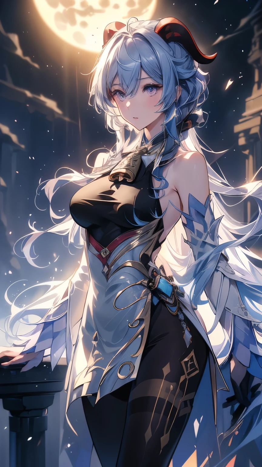 ((GenshinImpact:Ganyu:1.5))((masterpiece、8k、Tabletop、RAW Photos、wonderful、最high quality、フォトリアリスティックでVery detailedな CG 統合 8k 壁紙、high quality、Very detailed、Narrative poem、Particle Effects、Dynamic Effects、Written boundary depth、Cinematic Light、Backlight、Lens flare、Ray Tracing、Tabletop、Realistic:1.4、超A high resolution:1.2、Realistic、Realistic)),(( Medium Chest、wonderful胸の谷間,A little bit of side boob is visible、80 Denier Tights、Neck length tights、One Girl, alone,Hired, Genshin Impact, Long legs、Thin legs、Perfect Style、Long Hair, Blue Hair, Purple eyes, Horn, Expose your shoulders, Neck bell, Glossy black pantyhose, Removable sleeves, Black gloves, Pelvic Curtain)), Outdoor, Mountain, ice-flurry, ice-arrow, ice, crystallization, ice flower, magic, Dynamic pose, Has a bow weapon,(moon: 1.2), (moonlight: 1.1), Starry Sky, (Particles of light: 1.1), Thick Fog、crystallizationAI
