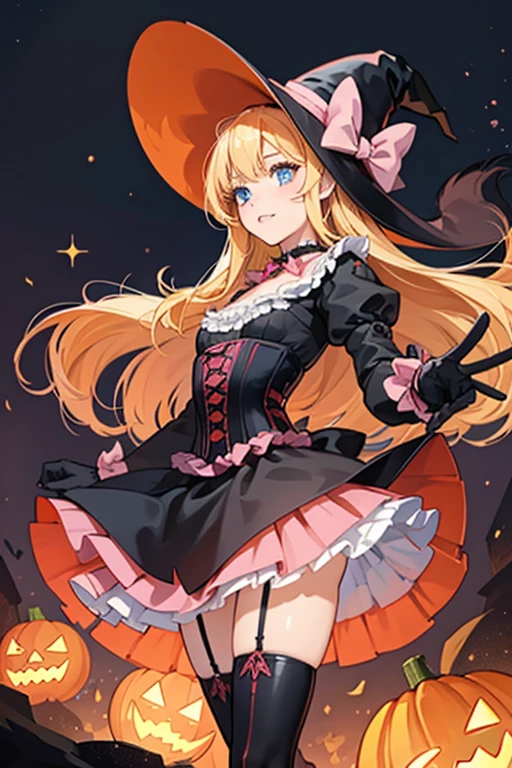 She has long blonde waist length hair styled in a hime-cut. blue eyes. outfit is witch-themed, consisting of a red corset dress with a black, frilled, square-shaped neckline and collar, and a matching short black ruffled skirt. Underneath the skirt she wears orange and red horizontally striped stockings leading to black boots with a pink bow, pink trim above the soles, and a V-shaped topline. Her gloves are frilled at the ends and are black with pink bows around the wrists to match her boots. Lili also wears a matching pink bow around her collar. Her witch hat is torn at the top to form a mouth with pointed teeth, just below glowing pink eyes. At the tip of the hat hangs a small jack-o'-lantern. SPARKLE; GLITTER