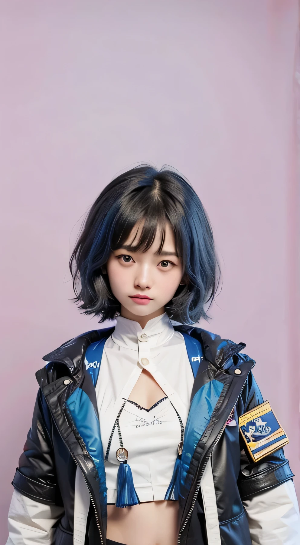 cute girl, short hair, fair skin, mole on the bottom corner right eyes, blue higlight hair