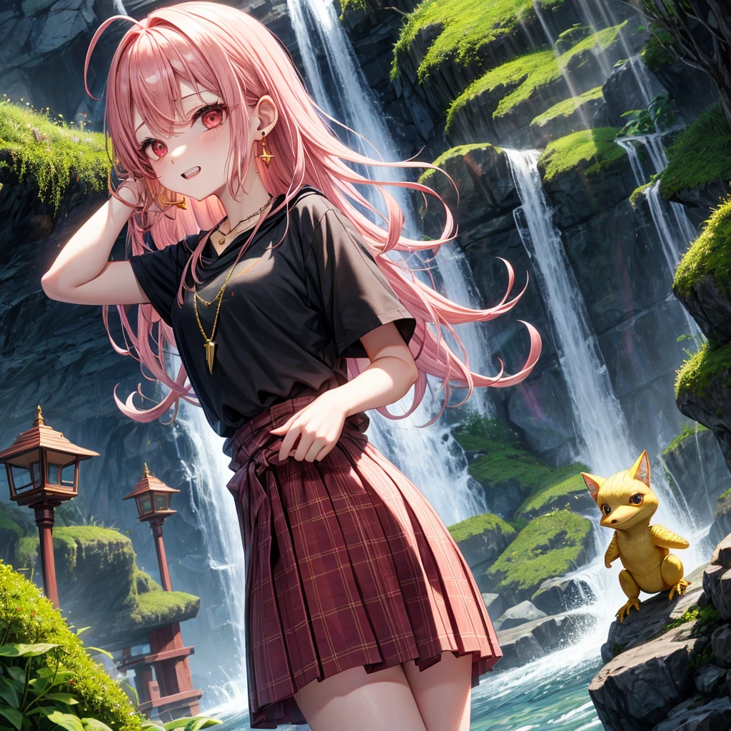 Pink gold golden hair、Red eyes、One good looking girl、solo、anime、Checkered mini skirt、Black camisole、Black T-shirt、hoodie、Wearing a ribbon、Ribbon on waist、Crystal Earrings、Gemstone Necklace、Light and shadow、Tilting face、Teeth are visible、waterfall、Torrent、tunnel、pylon、Sunset sky、Towering、frilled lizard、light、flash、Barrel、Wife、loose、moss、isolated island、Hell&#39;s Gate、Blue flame、Sitting on the throne