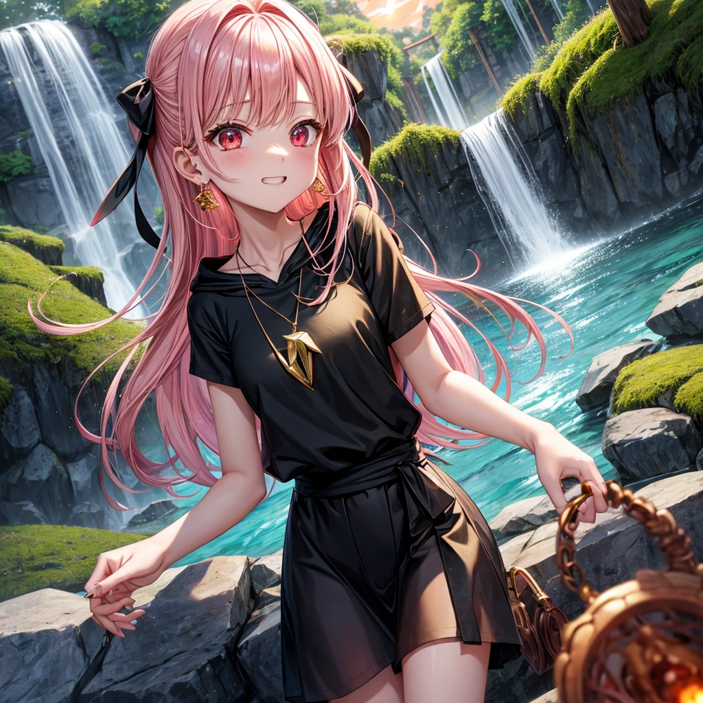 Pink gold golden hair、Red eyes、One good looking girl、solo、anime、Checkered mini skirt、Black camisole、Black T-shirt、hoodie、Wearing a ribbon、Ribbon on waist、Crystal Earrings、Gemstone Necklace、Light and shadow、Tilting face、Teeth are visible、waterfall、Torrent、tunnel、pylon、Sunset sky、Towering、frilled lizard、light、flash、Barrel、Wife、loose、moss、isolated island、Hell's Gate、Blue flame、Sitting on the throne