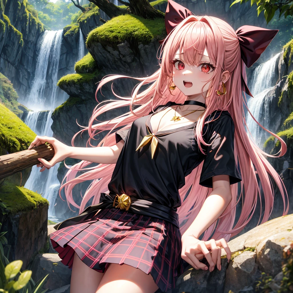 Pink gold golden hair、Red eyes、One good looking girl、solo、anime、Checkered mini skirt、Black camisole、Black T-shirt、hoodie、Wearing a ribbon、Ribbon on waist、Crystal Earrings、Gemstone Necklace、Light and shadow、Tilting face、Teeth are visible、waterfall、Torrent、tunnel、pylon、Sunset sky、Towering、frilled lizard、light、flash、Barrel、Wife、loose、moss、isolated island、Hell's Gate、Blue flame、Sitting on the throne