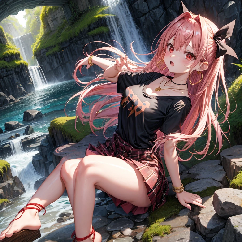 Pink gold golden hair、Red eyes、One good looking girl、solo、anime、Checkered mini skirt、Black camisole、Black T-shirt、hoodie、Wearing a ribbon、Ribbon on waist、Crystal Earrings、Gemstone Necklace、Light and shadow、Tilting face、Teeth are visible、waterfall、Torrent、tunnel、pylon、Sunset sky、Towering、frilled lizard、light、flash、Barrel、Wife、loose、moss、isolated island、Hell&#39;s Gate、Blue flame、Sitting on the throne