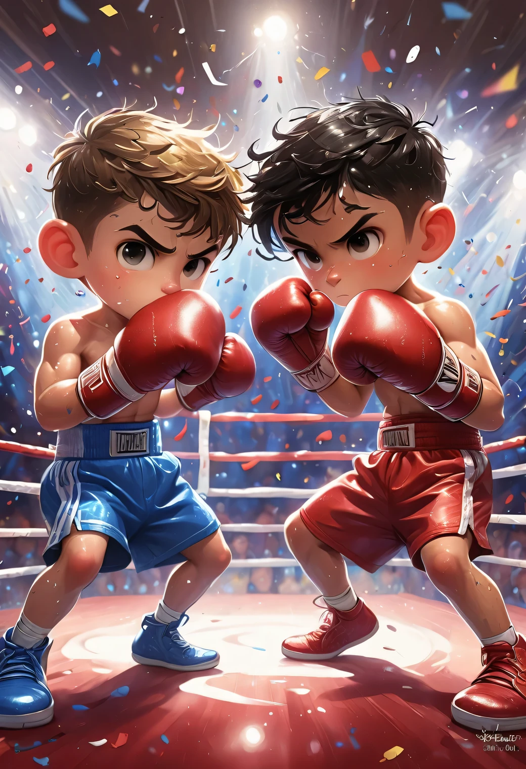 a cartoon image of two boys boxing in a ring, Drew Tucker（Drew Tucker）Digital rendering of, cg Social Hotspot, Process art, boxing match, boxing, game illustration, in a boxing ring, struggle battle, YouTube thumbnail, struggles, boxing ring, official art, Ink art brawlstars, fist struggle, struggle, official artwork, Gold gloves, Game Art，muscle，Colorful confetti in the air