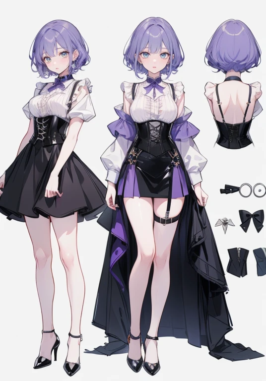 Purple Hair,Shortcuts,Adult female,(bartender),((Body Harness)),((Rolling up his sleevesＹshirt)),(corset),mini skirt(Short skirt),High heels,,((Simple Background)),smile,((Full Body)),((full body)),((whole body)),Character Sheet,upright,((Both arms are down))