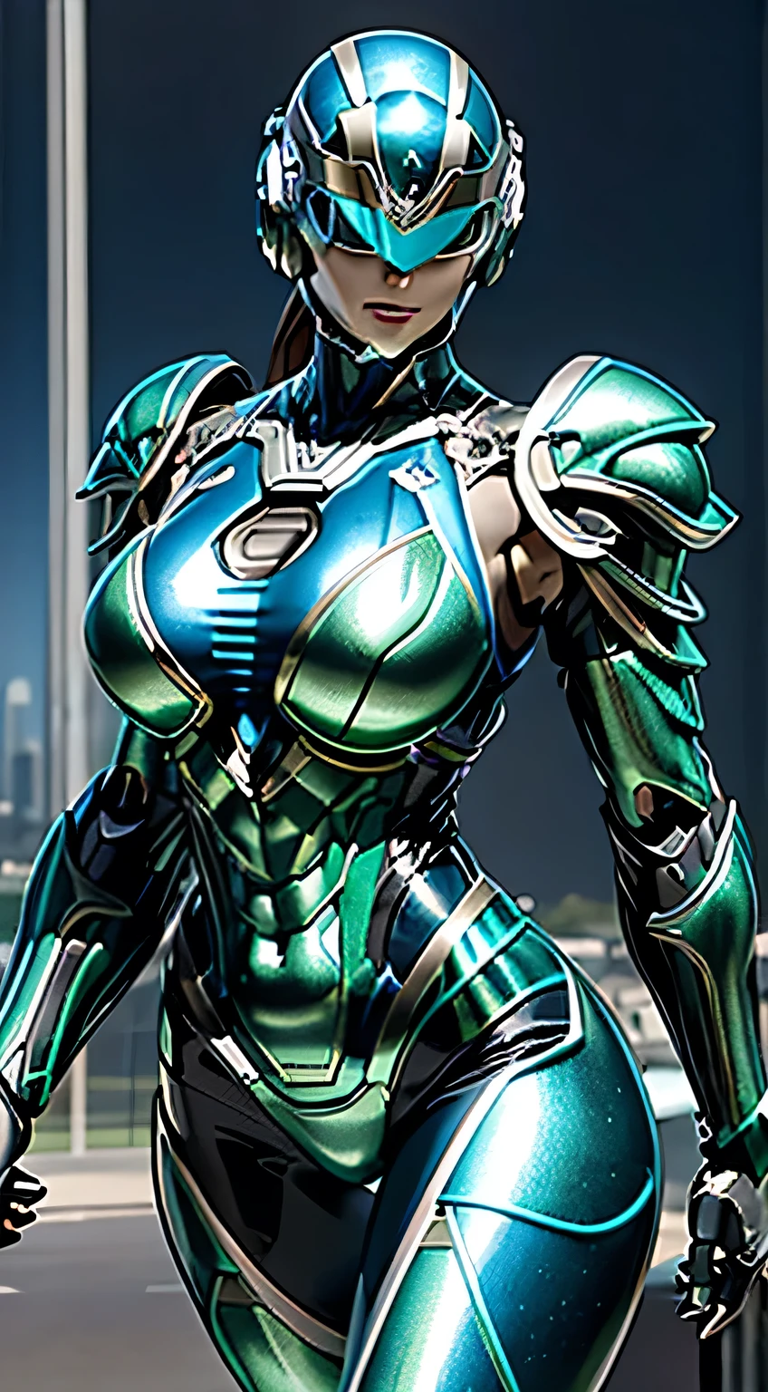 Female Robocop Solo、Bright outdoors、strong light source、8K, high quality, masterpiece, 最high quality、Very detailed、Armor that completely covers the whole body、Very large armor、Helmet covering the head、Clear photos、The eyes are hidden by thin, straight goggles:1.3、The lower half of the face is flesh:1.5、The human skin is exposed from the nose down on the face.:5.0、Luscious lips、Fluorescent blue-green metallic armor with thin white lines、Armor that completely covers the chest、Long, slender legs、Vivid poseable body view,Big and ample breasts:1.5, (Sports Body:1.5)、Five Fingers、Photos in the city