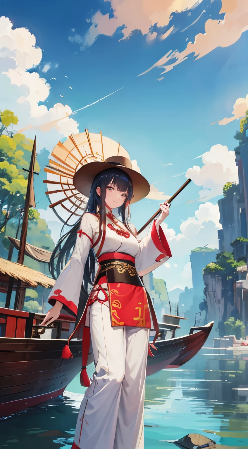 Tropical forest river, Wooden boat One Beautiful girl cute smile,traditional Chinese clothing,Long pants and Hat, stone,big clouds beautiful sky, masterpiece,UHD, hd detailed