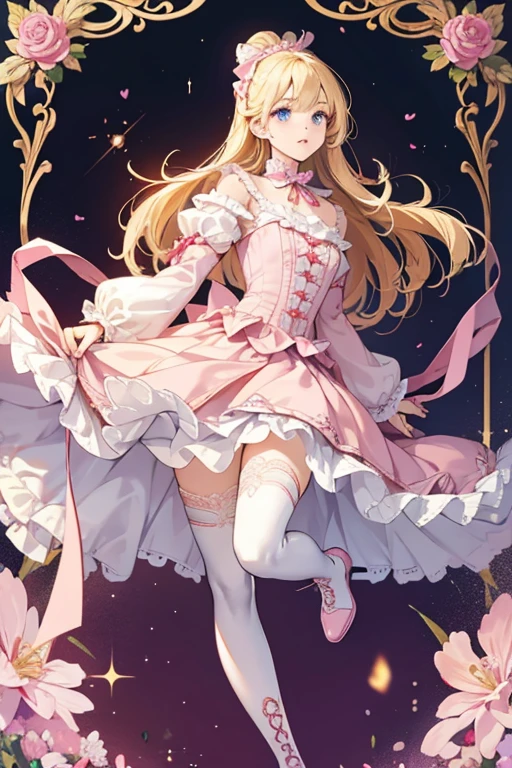 She has long blonde waist length hair styled in a hime-cut. blue eyes. consists of a dress with a high white collar tied with a red cravat that has a clear gem and clip at the center, and puffed sleeves ending at her elbow with lace frills underneath. The dress has pink bodice with a mauve panel down the center and a pale pink skirt ending in frills. The pink portions of the bodice have intricate embroidery, while the pale pink skirt has a repeating pattern embroidered around the length of it, and the mauve panel at the center has five white buttons down the middle. Underneath this is a lace skirt, and under that, Lili wears a pair of light pink shorts. With this outfit, Lili wears a pair of pale lavender-pink platform boots with red ribbon lace leading to a bow with a clear gem in the center matching the one that fastens her cravat, a white tongue, white soles, and a lace pattern just above the toe of each boot. Lili also wears pink thigh high socks with pale pink cuffs and silver embroidery down the front. She wears fingerless gloves similar to those from her earlier appearances; white with a red trim around each finger as well as the opening, but this time with a heart-shaped opening at the back and lace trim. Underneath her cravat, Lili wears a bronze necklace with a bell shaped charm attached to a matching bronze bow with a long tassel, which is surrounded by white, pearl-shaped charms.  SPARKLE; GLITTER