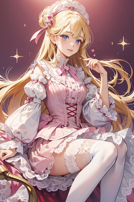 She has long blonde waist length hair styled in a hime-cut. blue eyes. consists of a dress with a high white collar tied with a red cravat that has a clear gem and clip at the center, and puffed sleeves ending at her elbow with lace frills underneath. The dress has pink bodice with a mauve panel down the center and a pale pink skirt ending in frills. The pink portions of the bodice have intricate embroidery, while the pale pink skirt has a repeating pattern embroidered around the length of it, and the mauve panel at the center has five white buttons down the middle. Underneath this is a lace skirt, and under that, Lili wears a pair of light pink shorts. With this outfit, Lili wears a pair of pale lavender-pink platform boots with red ribbon lace leading to a bow with a clear gem in the center matching the one that fastens her cravat, a white tongue, white soles, and a lace pattern just above the toe of each boot. Lili also wears pink thigh high socks with pale pink cuffs and silver embroidery down the front. She wears fingerless gloves similar to those from her earlier appearances; white with a red trim around each finger as well as the opening, but this time with a heart-shaped opening at the back and lace trim. Underneath her cravat, Lili wears a bronze necklace with a bell shaped charm attached to a matching bronze bow with a long tassel, which is surrounded by white, pearl-shaped charms.  SPARKLE; GLITTER