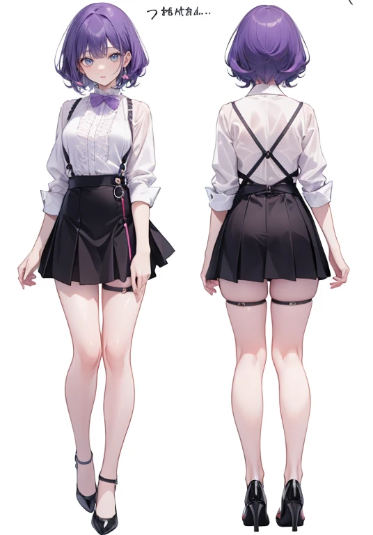 Purple Hair,Shortcuts,Adult female,(bartender),((Body Harness)),((Rolling up his sleevesＹshirt)),mini skirt(Short skirt),High heels,,((Simple Background)),smile,((Full Body)),((full body)),((whole body)),Character Sheet,upright,((Both arms hanging straight down))