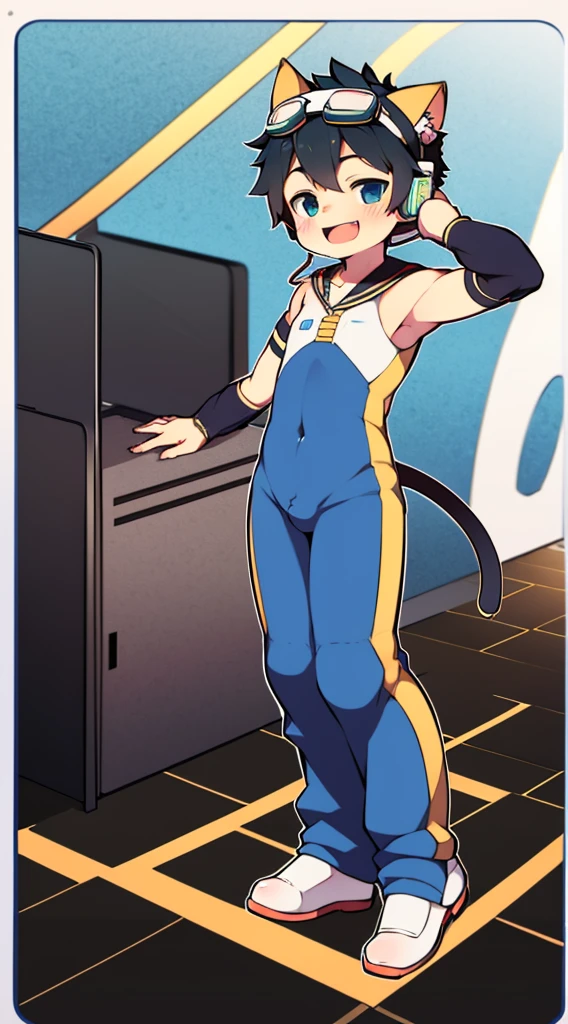 2D Boy Shota,One-piece combat suit,Slim, healthy body,Put the headphones on your head,stand up,goggles,Cat ear,happy,Sailor collar,Lovely,