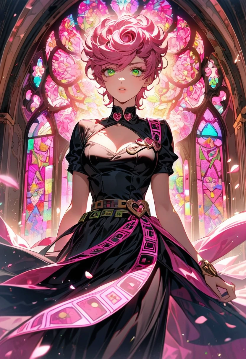 Ultra detailed, Highres, absurdres, HDR, Trish Una, pink hair, expressive green eyes, JoJo Bizarre Adventure, pink stained glass, pink flowers, petals, extremely beautiful, woman, perfect face, solo, very detailed eyes and face, pink glass, glittering, extremely pretty, black shirt, long skirt