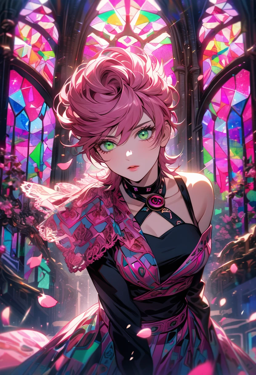 Ultra detailed, Highres, absurdres, HDR, Trish Una, pink hair, expressive green eyes, JoJo Bizarre Adventure, pink stained glass, pink flowers, petals, extremely beautiful, woman, perfect face, solo, very detailed eyes and face, pink glass, glittering, extremely pretty, black shirt, long skirt