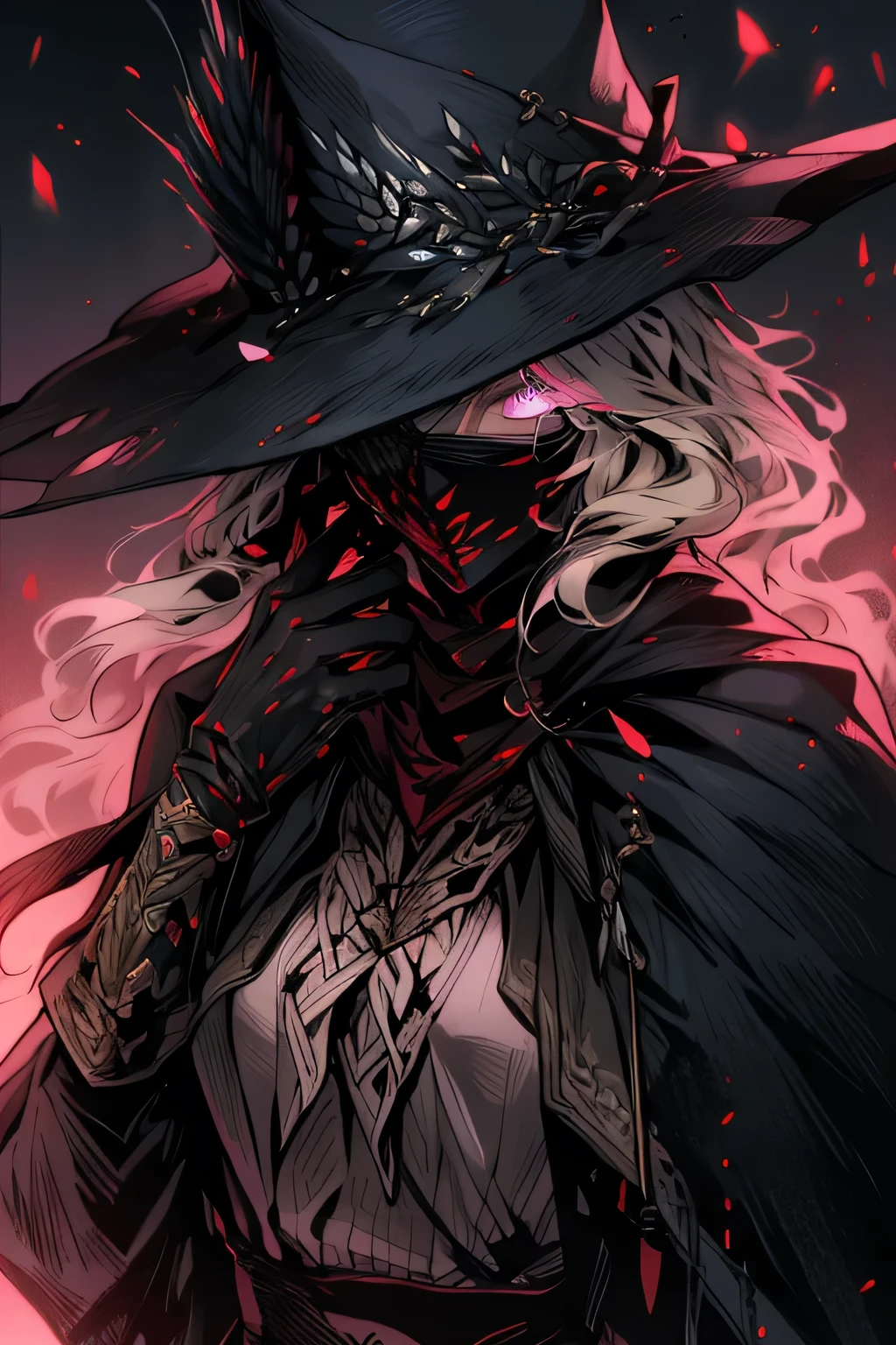 <lora:Bloodborne:1>1girl, solo, long_hair, looking_at_viewer, smile, red_eyes, hat, upper_body, grey_hair, cape, ascot, blood, mask, glowing, glowing_eyes, tricorne