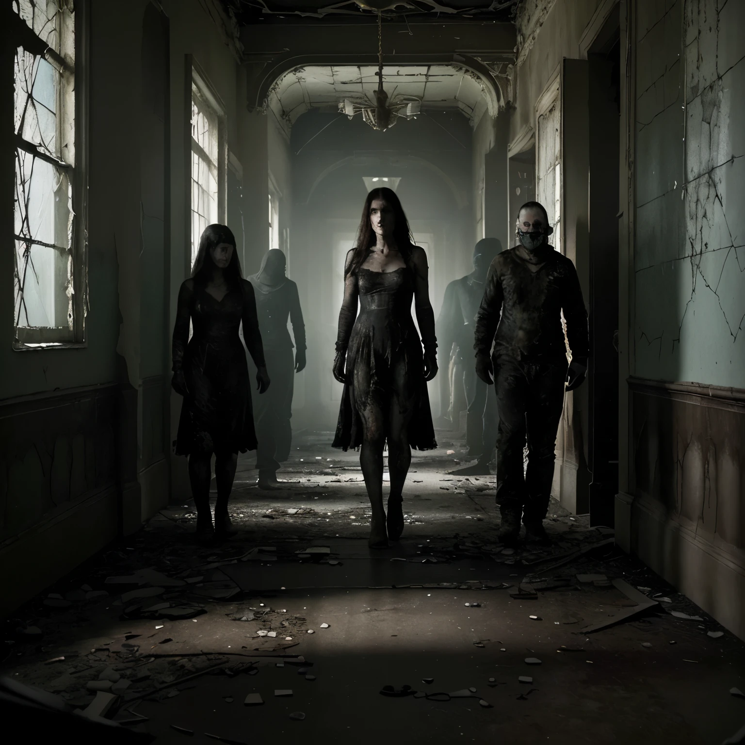 Title: Whispers in the Shadows
Setting: The Abandoned Asylum
Within the decaying walls of an abandoned asylum on the outskirts of town, the group steps into a world frozen in time. The once imposing structure now stands as a haunting relic, its broken windows like empty eyes staring into the abyss. The corridors stretch out like twisted veins, leading deeper into darkness. The air is thick with the scent of dampness and decay.
Dimly lit corridors flicker with fluorescent lights, casting long, wavering shadows on the cracked linoleum floor. Uneven illumination creates an unsettling dance of light and darkness. Close-up shots reveal decaying furniture—splintered chairs, a rusted gurney, and a shattered mirror. The peeling wallpaper bears faded floral patterns, a testament to forgotten lives.
Eerie whispers echo through the empty hallways, accompanied by the distant sound of dripping water. Sarah, who had heard stories about the asylum's dark past, leans closer to John. "I had never believed in ghosts," he admits. "Neither had I," Sarah replies. Determined to uncover the truth, they causatively persuade each other to explore further.
Elena, a skeptical and cautious member of the group, speaks up. Her voice trembles as she says, "I don't have a good feeling about this place. We shouldn't be here." Her eyes dart nervously around the dimly lit corridors, searching for any sign of danger.
Michael, the brave and adventurous soul in the group, urges them forward. "Come on, guys, we can't turn back now. There might be something important hidden," he insists, trying to keep the group focused on their mission despite the growing unease.
Ava, the quiet and observant member, interrupts. ""Wait, let's think this through. There might be a logical explanation for all of this" she whispers, her voice barely audible above the eerie whispers that fill the air. Her keen senses keep the group on edge, alert to every sound and shadow. What image can you create from here?