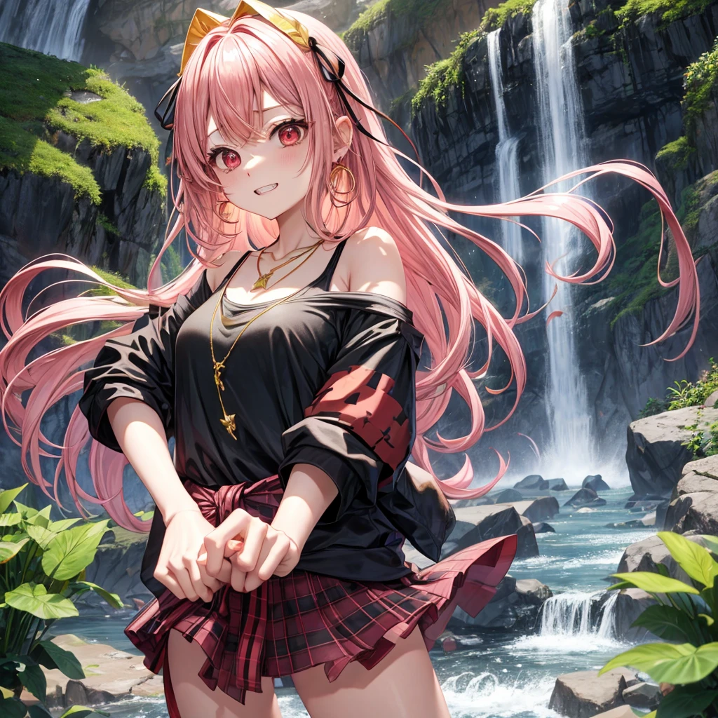 Pink gold golden hair、Red eyes、One good looking girl、solo、anime、Checkered mini skirt、Black camisole、Black T-shirt、hoodie、Wearing a ribbon、Ribbon on waist、Crystal Earrings、Gemstone Necklace、Light and shadow、Tilting face、Teeth are visible、waterfall、Torrent、tunnel、Sunset sky、light、flash、Barrel、Wife、loose、moss、isolated island、Hell&#39;s Gate、Blue flame、Sitting on the throne