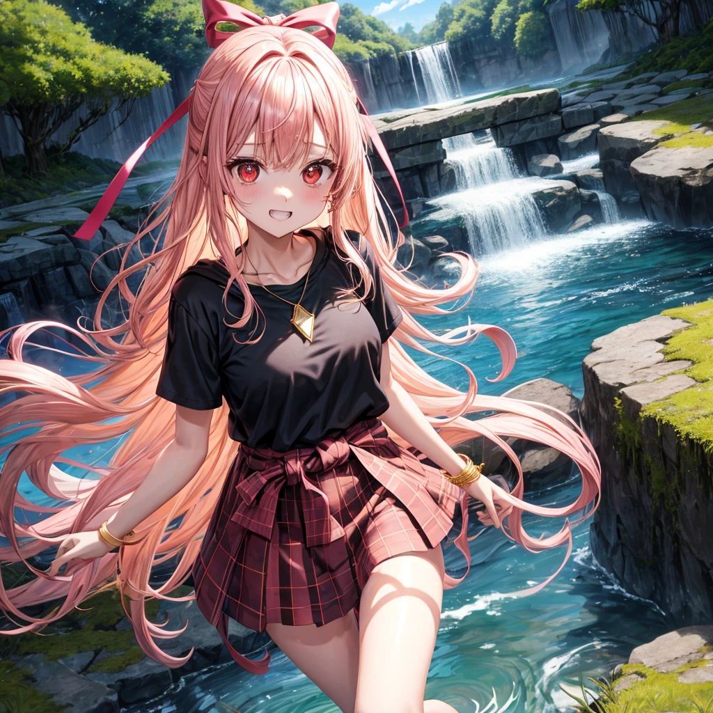 Pink gold golden hair、Red eyes、One good looking girl、solo、anime、Checkered mini skirt、The skirt has buttons、Black camisole、Black T-shirt、hoodie、Wearing a ribbon、Ribbon on waist、Crystal Earrings、Gemstone Necklace、Light and shadow、Tilting face、Teeth are visible、waterfall、waterfallの裏側、tunnel、Sunset sky、moss、isolated island、Hell's Gate、Blue flame