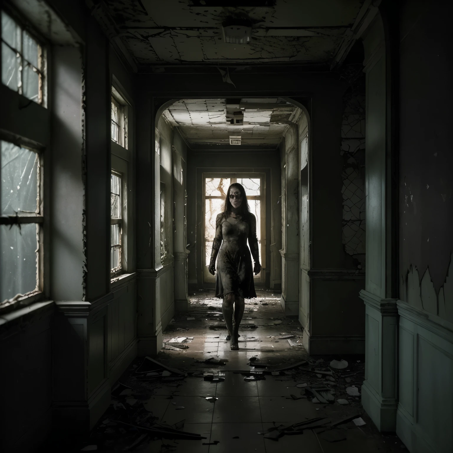Title: Whispers in the Shadows
Setting: The Abandoned Asylum
Within the decaying walls of an abandoned asylum on the outskirts of town, the group steps into a world frozen in time. The once imposing structure now stands as a haunting relic, its broken windows like empty eyes staring into the abyss. The corridors stretch out like twisted veins, leading deeper into darkness. The air is thick with the scent of dampness and decay.
Dimly lit corridors flicker with fluorescent lights, casting long, wavering shadows on the cracked linoleum floor. Uneven illumination creates an unsettling dance of light and darkness. Close-up shots reveal decaying furniture—splintered chairs, a rusted gurney, and a shattered mirror. The peeling wallpaper bears faded floral patterns, a testament to forgotten lives.
Eerie whispers echo through the empty hallways, accompanied by the distant sound of dripping water. Sarah, who had heard stories about the asylum's dark past, leans closer to John. "I had never believed in ghosts," he admits. "Neither had I," Sarah replies. Determined to uncover the truth, they causatively persuade each other to explore further.
Elena, a skeptical and cautious member of the group, speaks up. Her voice trembles as she says, "I don't have a good feeling about this place. We shouldn't be here." Her eyes dart nervously around the dimly lit corridors, searching for any sign of danger.
Michael, the brave and adventurous soul in the group, urges them forward. "Come on, guys, we can't turn back now. There might be something important hidden," he insists, trying to keep the group focused on their mission despite the growing unease.
Ava, the quiet and observant member, interrupts. ""Wait, let's think this through. There might be a logical explanation for all of this" she whispers, her voice barely audible above the eerie whispers that fill the air. Her keen senses keep the group on edge, alert to every sound and shadow. What image can you create from here?